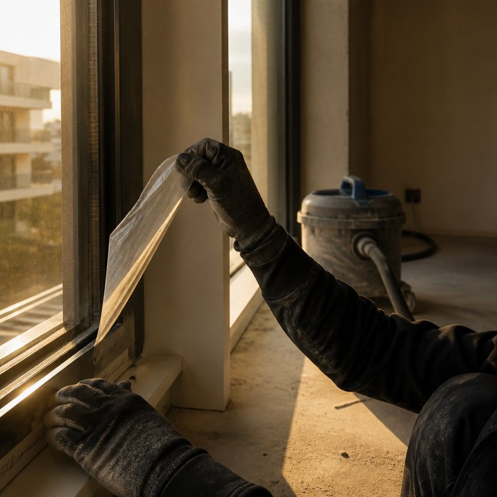 Bauschlussreinigung: Schutzfolie wird vom Fensterrahmen abgezogen