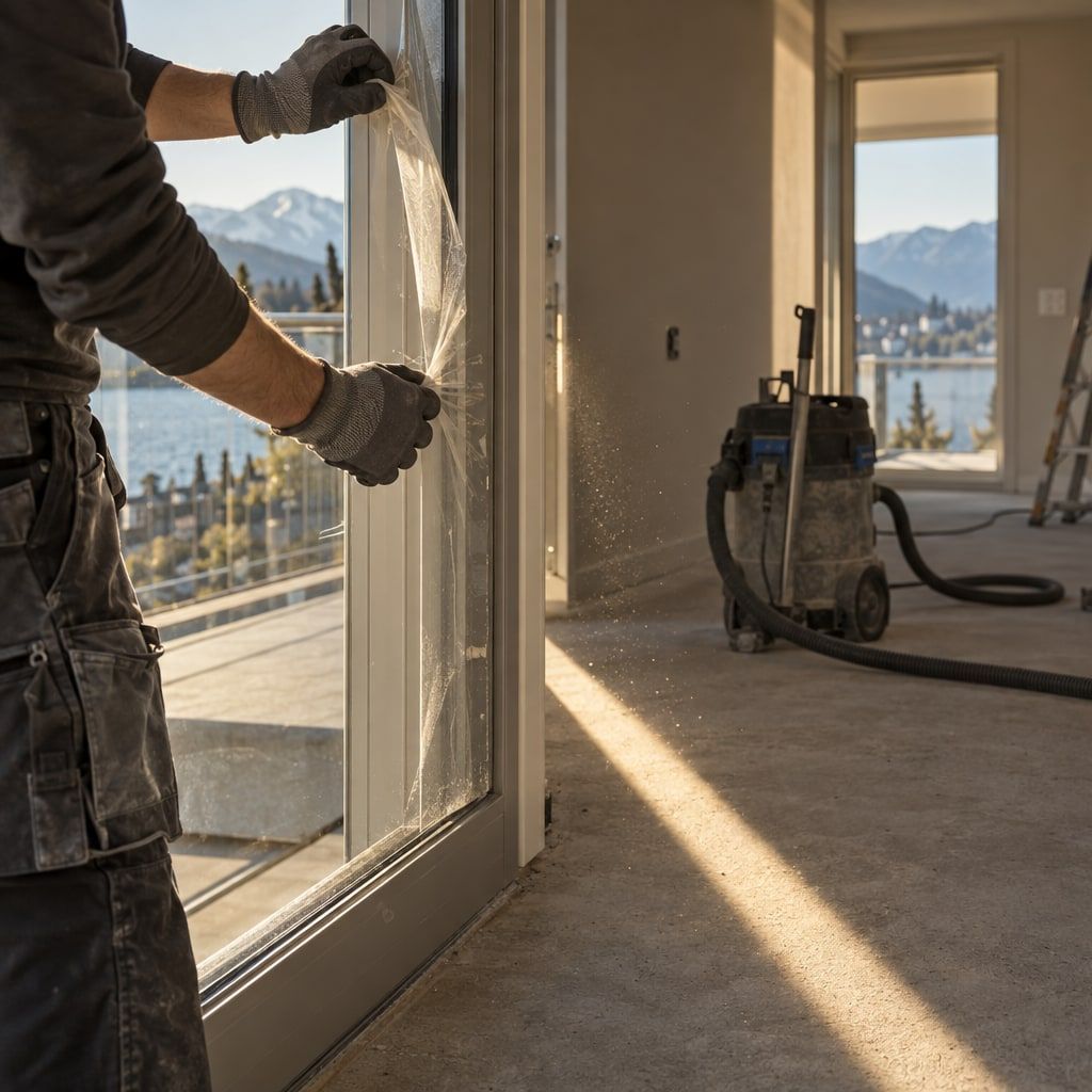 Bauschlussreinigung: Schutzfolie wird vom Fensterrahmen abgezogen