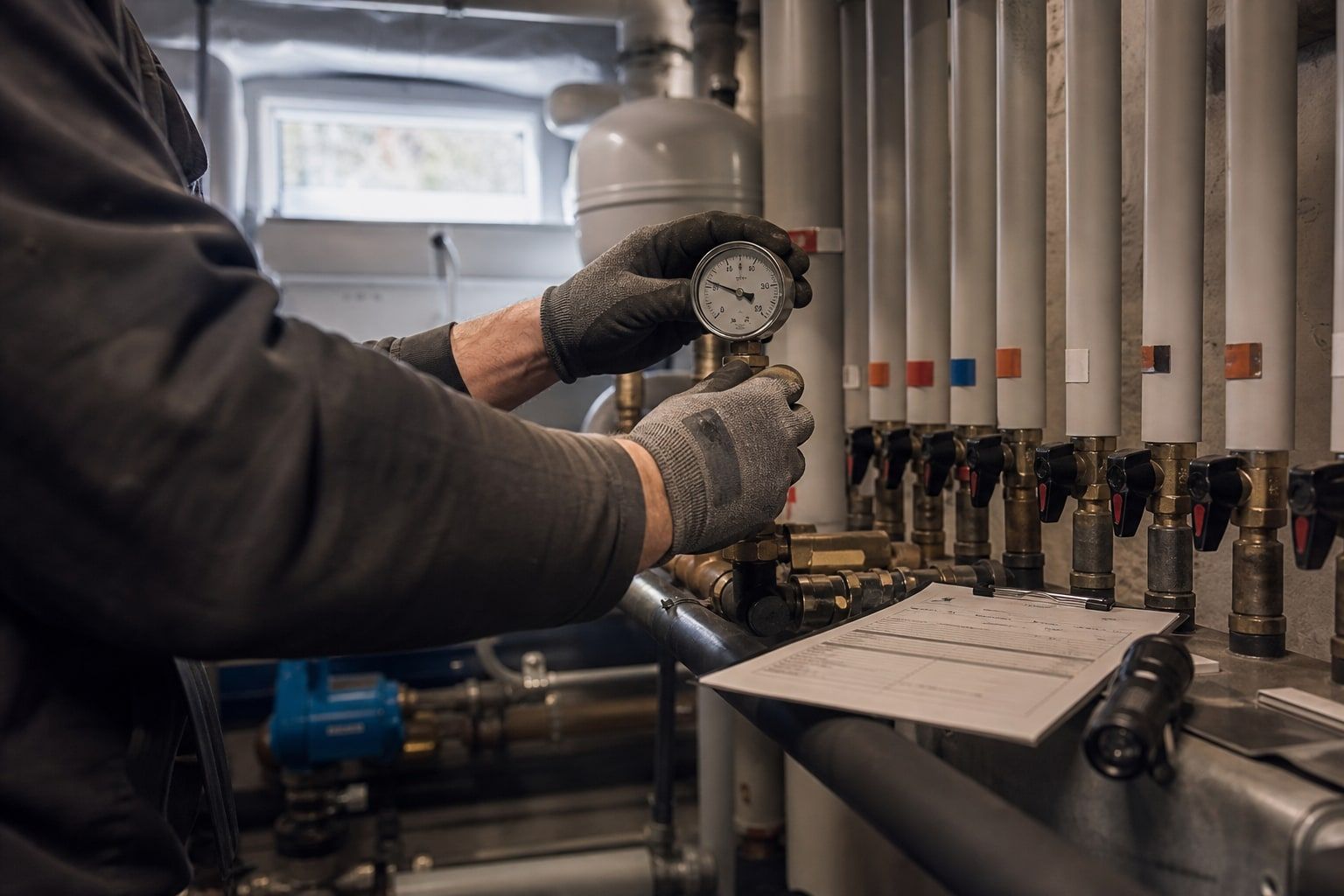 Kontrolle einer technischen Anlage im Technikraum einer Liegenschaft