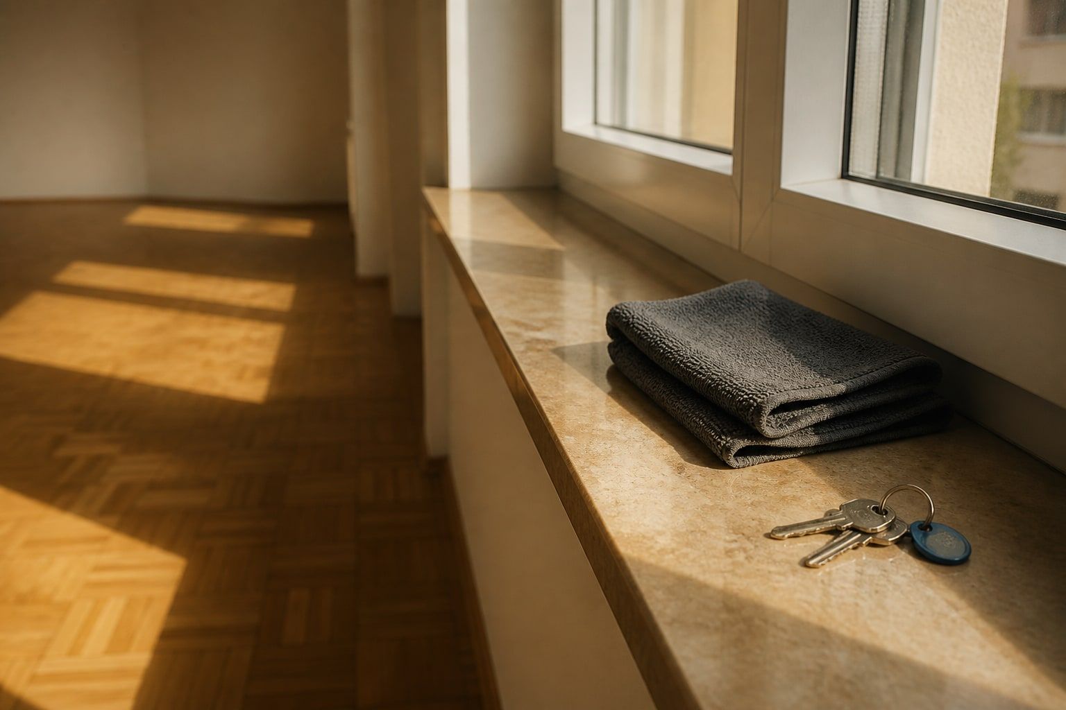 Frisch gereinigte, leere Wohnung mit Sonnenlicht auf dem Parkettboden