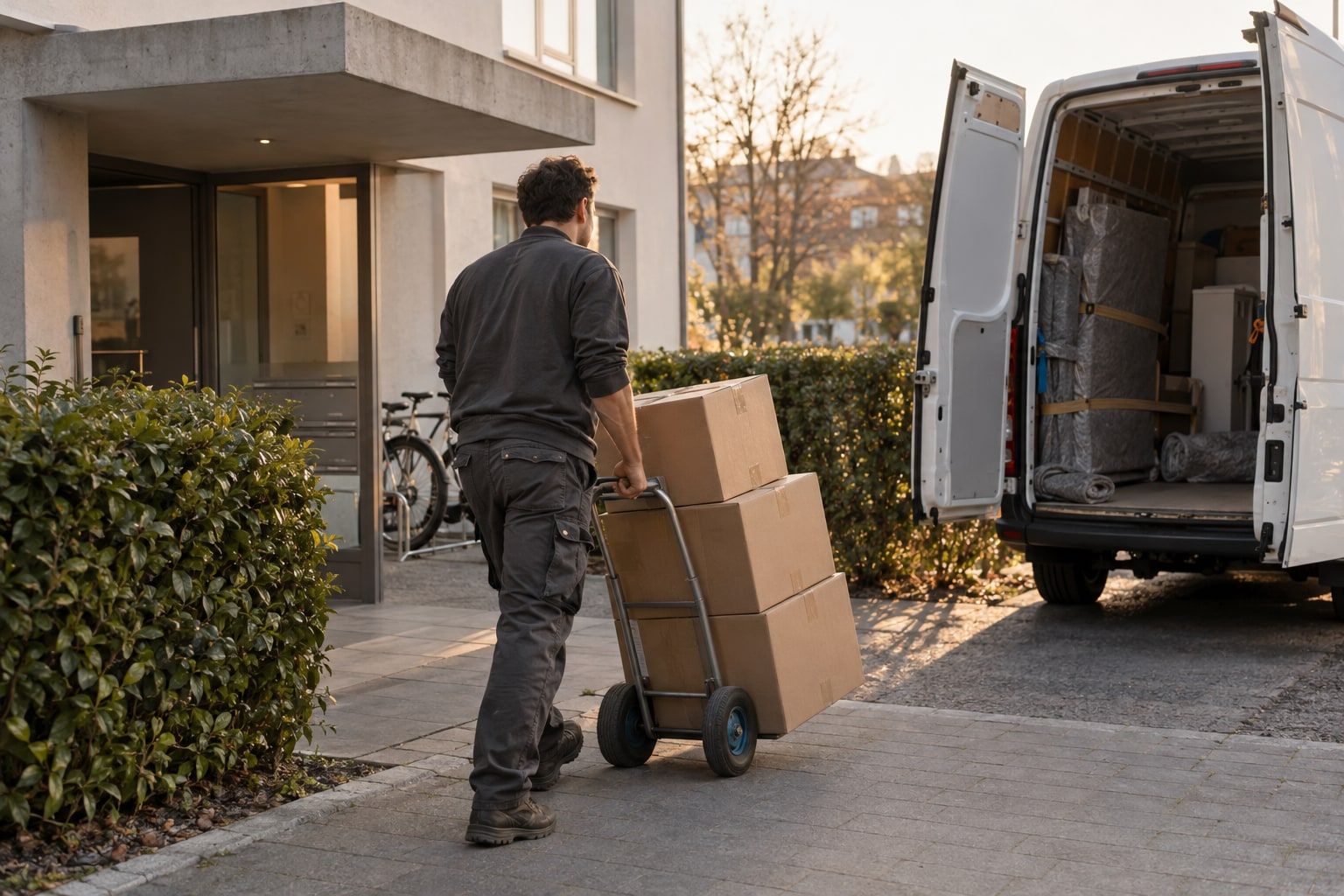 Umzugskartons werden auf einer Sackkarre zum Umzugswagen gefahren