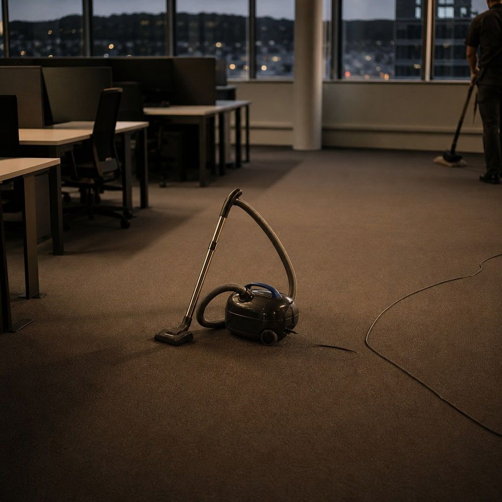 Büroreinigung am frühen Abend in einem leeren Grossraumbüro