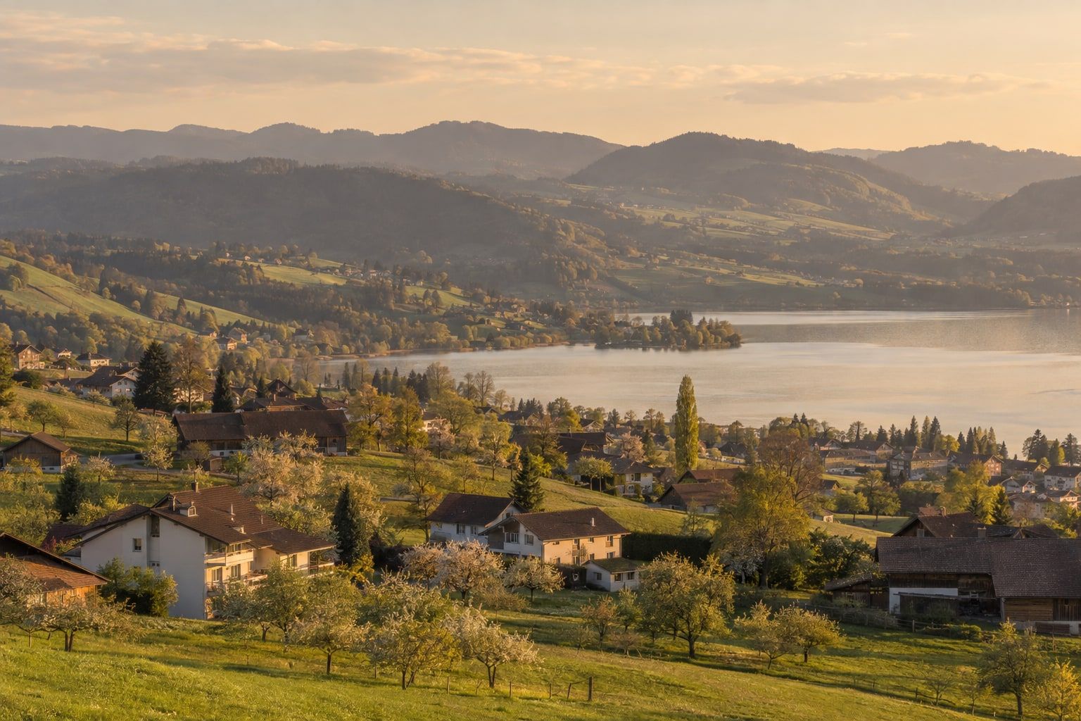 Voralpine Schweizer Landschaft im Nachmittagslicht mit Dorf, See und Bergketten