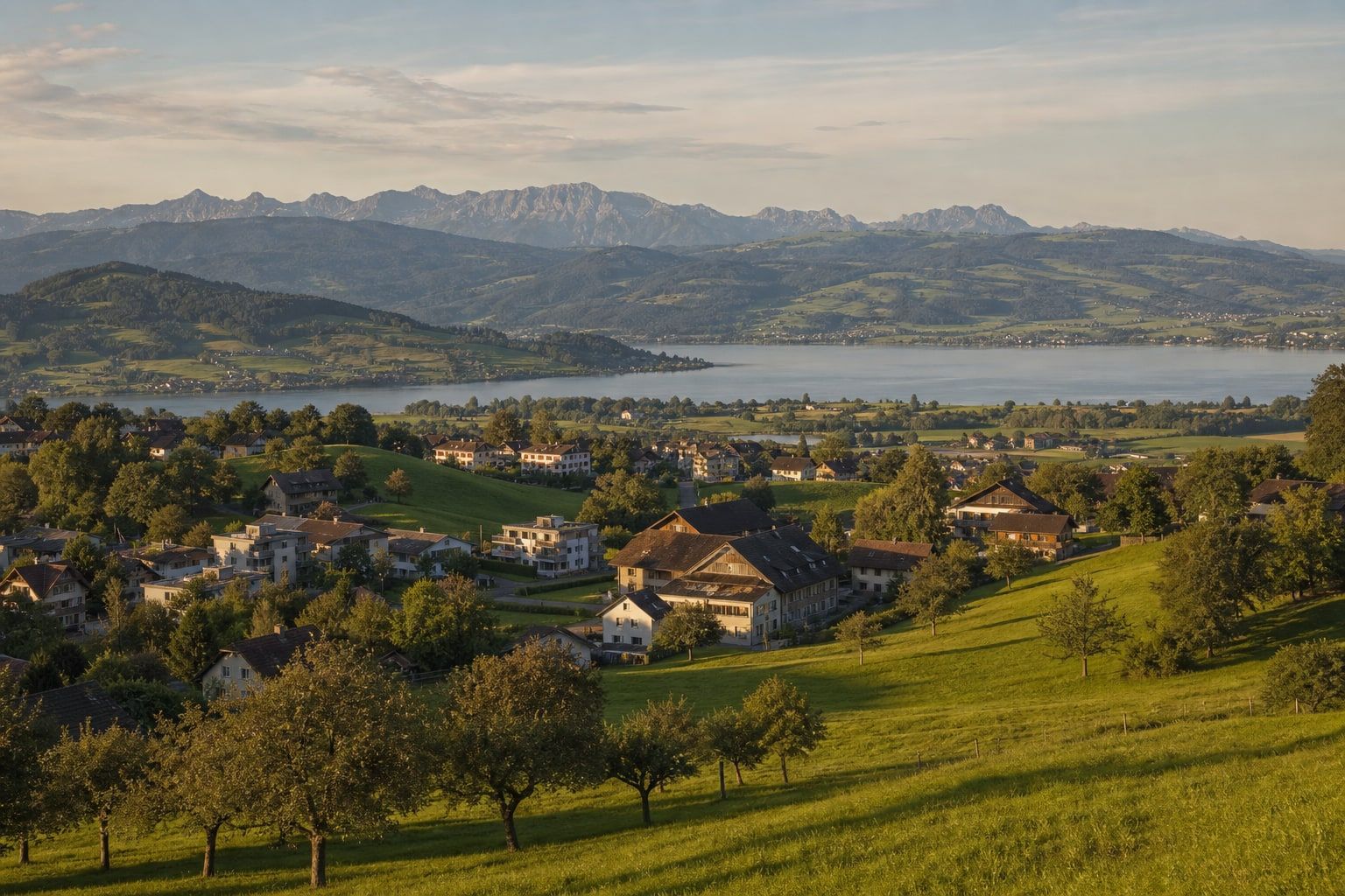 Voralpine Schweizer Landschaft im Nachmittagslicht mit Dorf, See und Bergketten