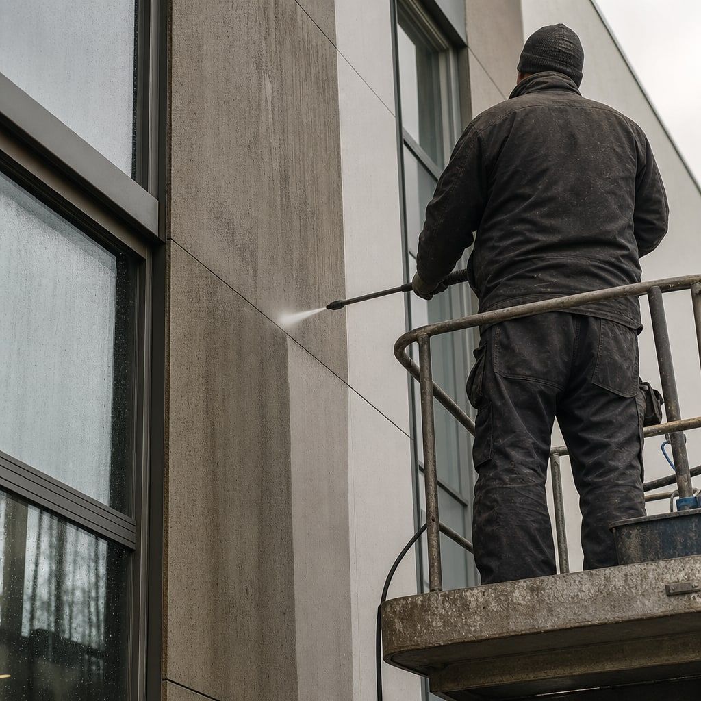 Fassadenreinigung von der Hebebühne, halb gereinigte Gebäudefront