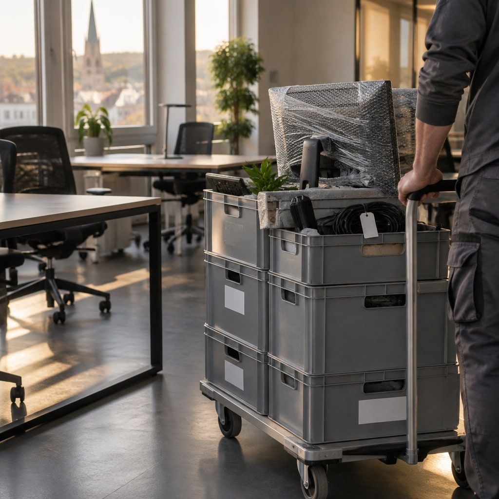Firmenumzug mit markierten Umzugsboxen und verpackter Bürotechnik