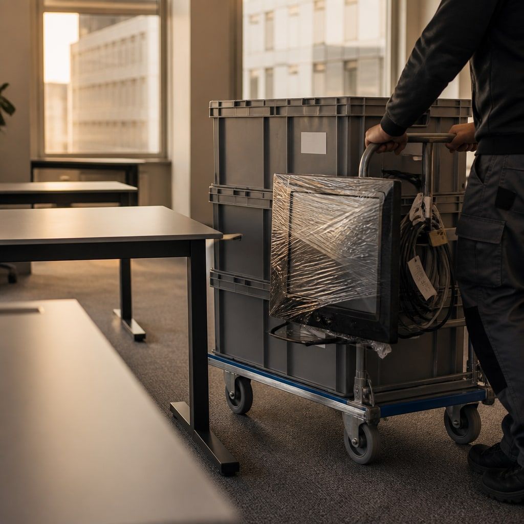 Firmenumzug mit beschrifteten Umzugsboxen und verpackter Bürotechnik