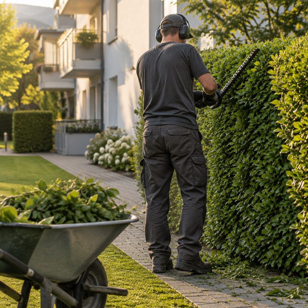Heckenschnitt vor einem Mehrfamilienhaus mit Schubkarre voll Schnittgut