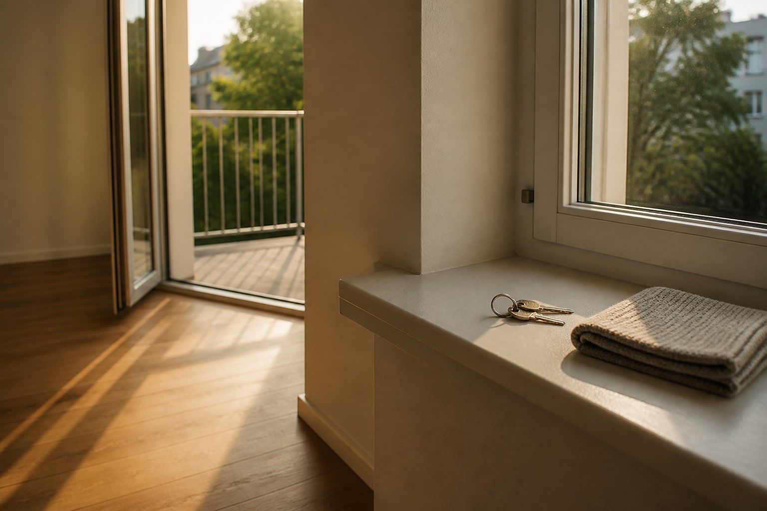 Leere, frisch übergebene Schweizer Wohnung im Nachmittagslicht, Schlüssel auf dem Fenstersims