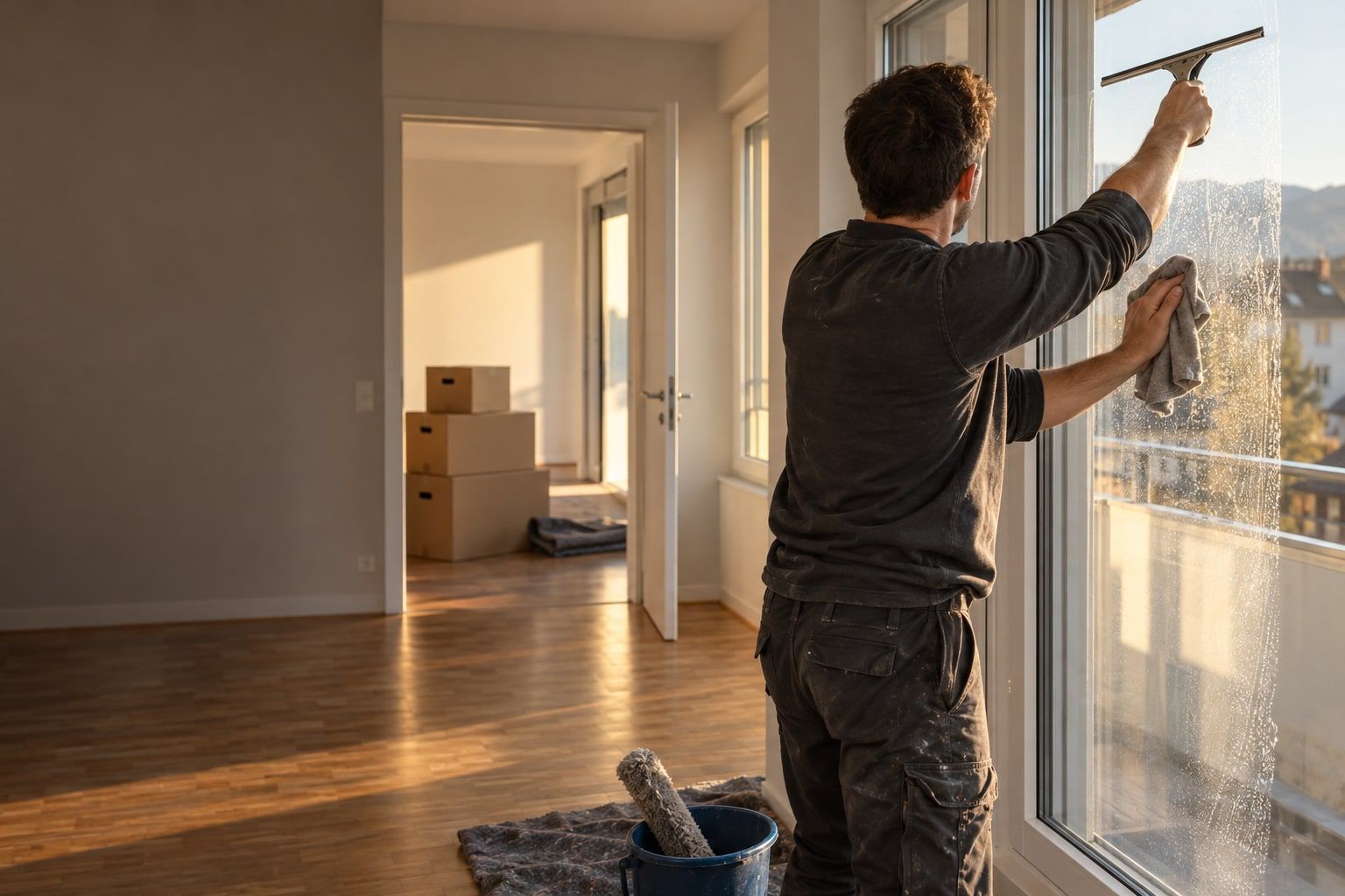 Fensterreinigung mit Abzieher in einer geräumten Wohnung am Umzugstag