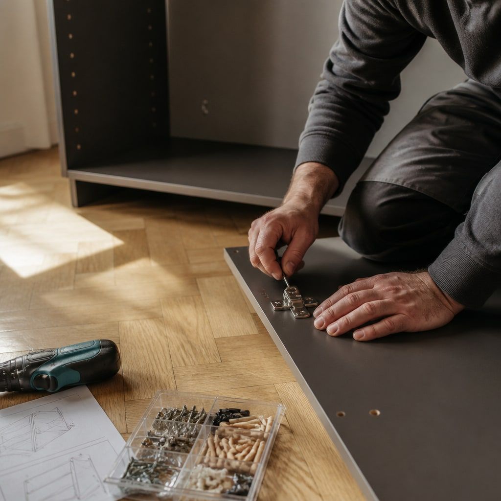 Möbelmontage in einer leeren Wohnung, sortierte Beschläge und Akkuschrauber