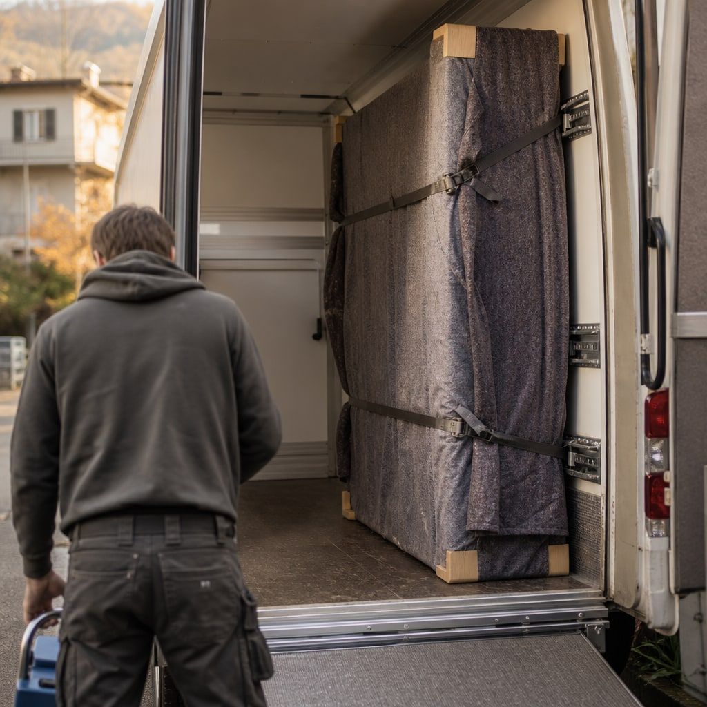 Gesichertes Einzelstück im Transporter mit Decken und Zurrgurten