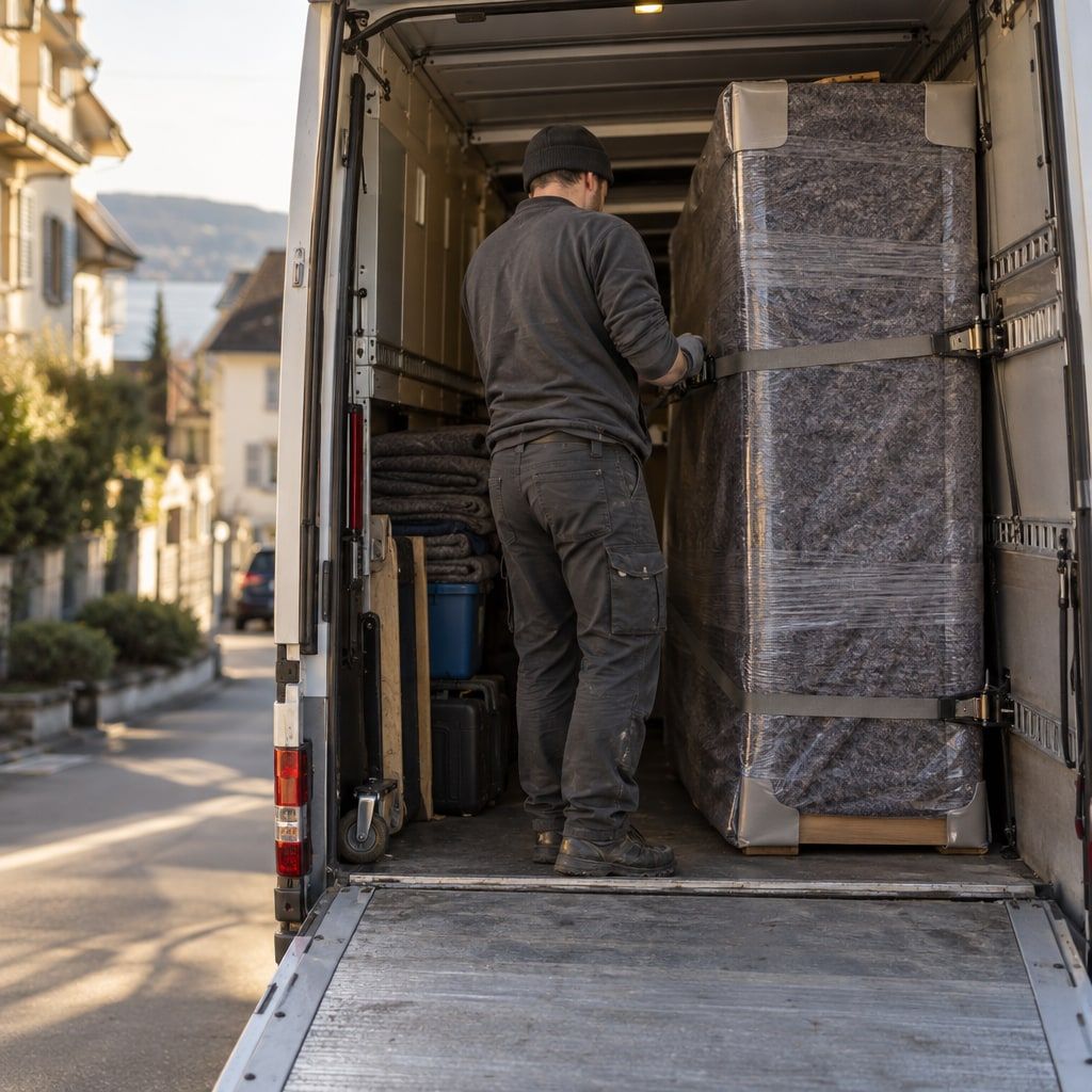 Gesichertes Einzelstück im Transporter mit Decken und Zurrgurten