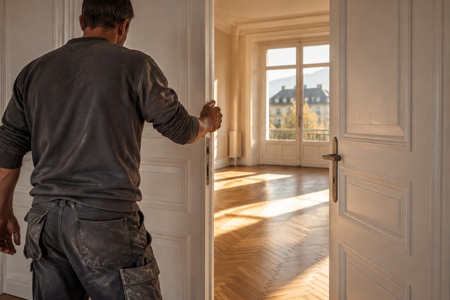 Ankunft zur Besichtigung: die Tür zur leeren Wohnung geht auf
