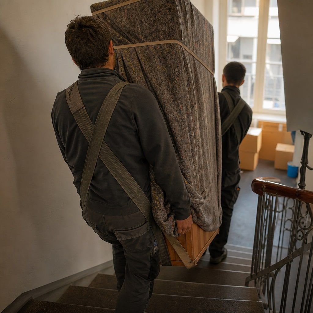 Sorgfältiger Transport eines verpackten Schranks durchs Treppenhaus