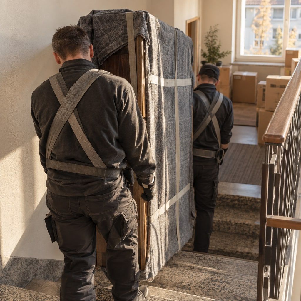 Sorgfältiger Transport eines verpackten Schranks durchs Treppenhaus