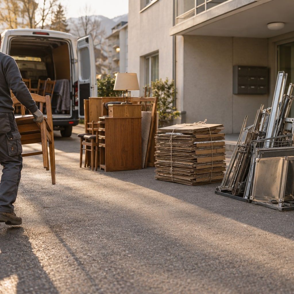 Räumung mit sortierten Stapeln für Entsorgung und Recycling