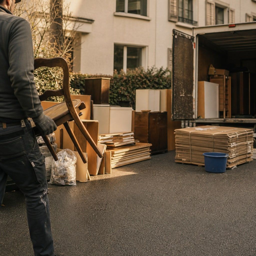 Räumung mit sortierten Stapeln für Entsorgung und Recycling