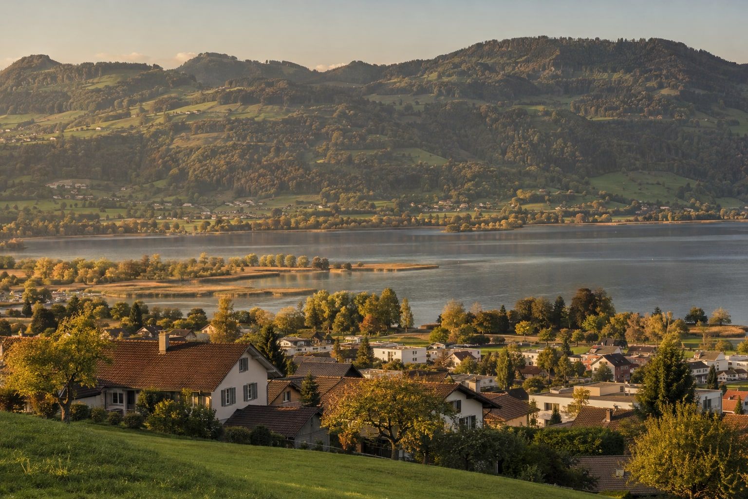 The Linth plain at the upper end of Lake Zurich with a village and pre-alpine hills in evening light