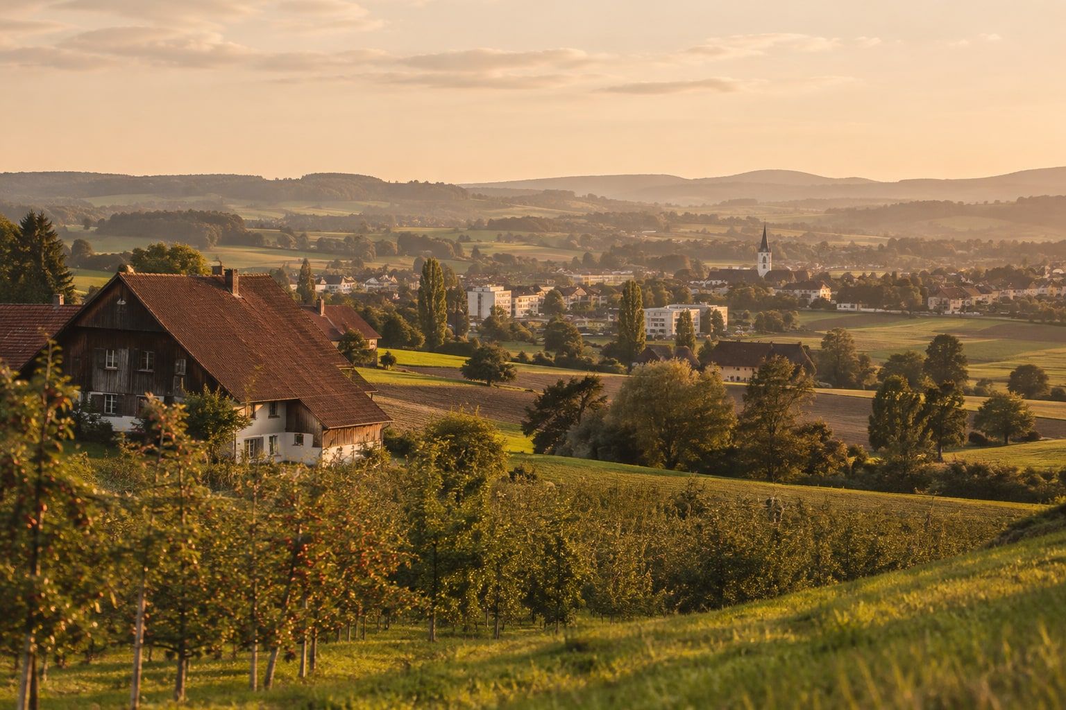 Orchards and farmhouses in eastern Switzerland with a small town in evening light