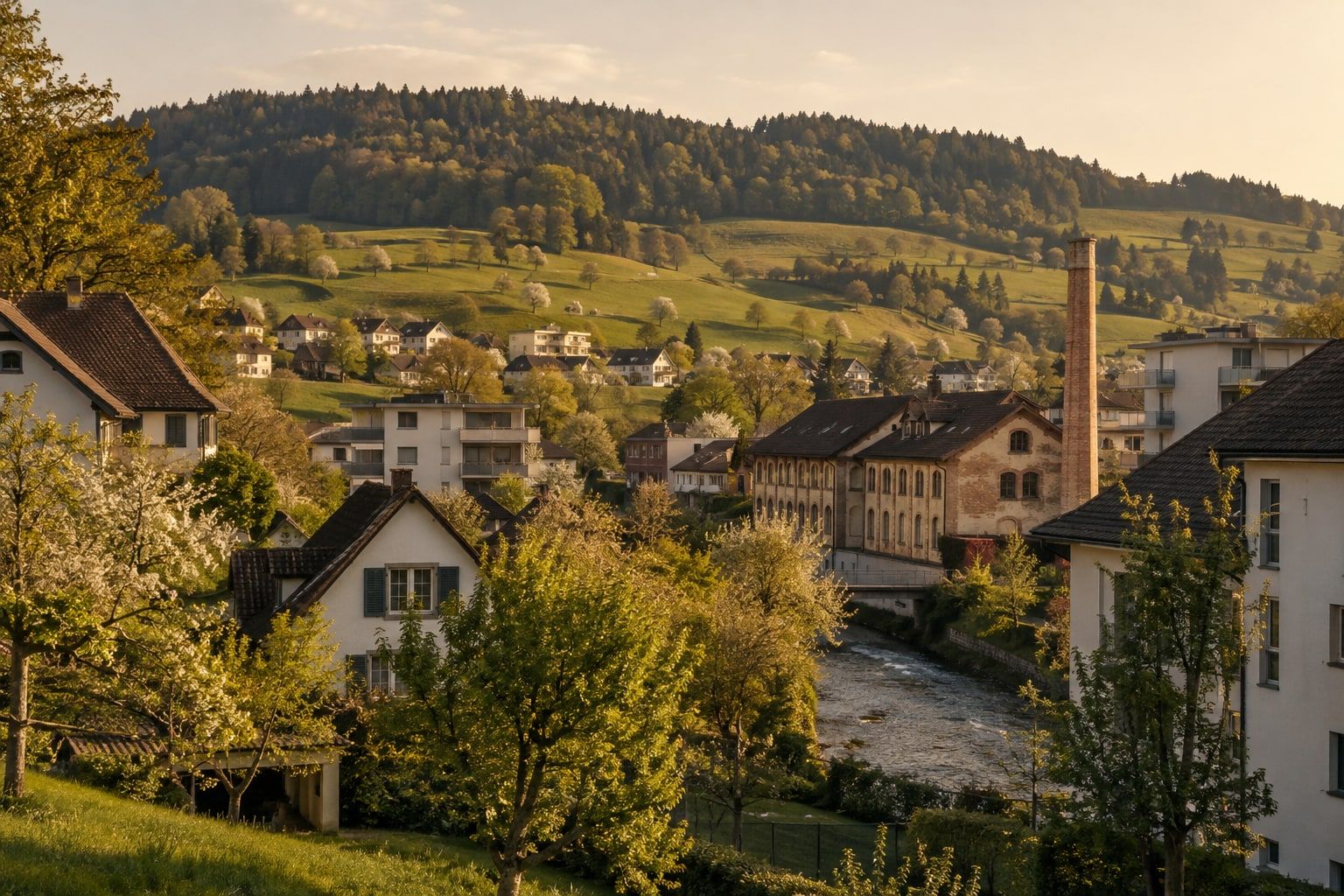 Rolling hills of the Zurich Oberland with a village and an old mill in evening light