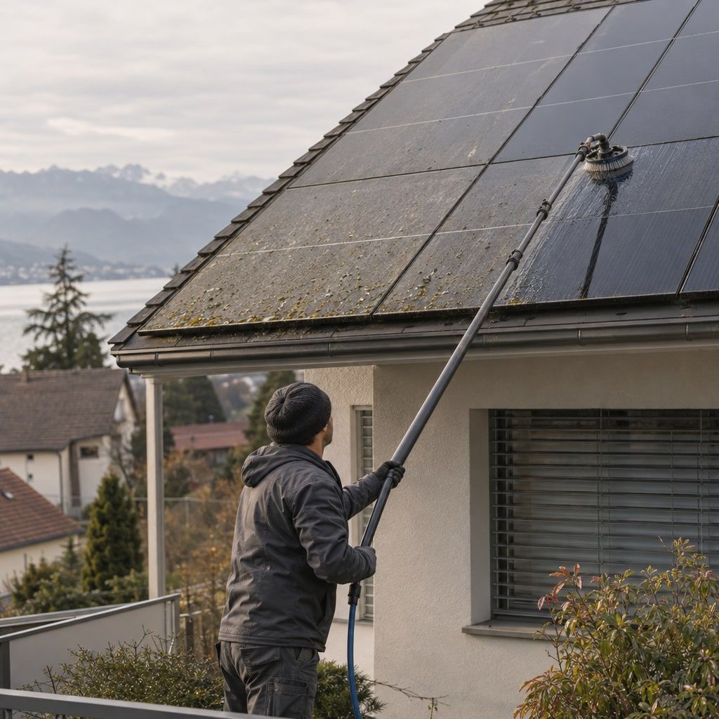 Solarreinigung: Photovoltaikmodule werden mit dem Teleskopsystem vom Boden aus gereinigt
