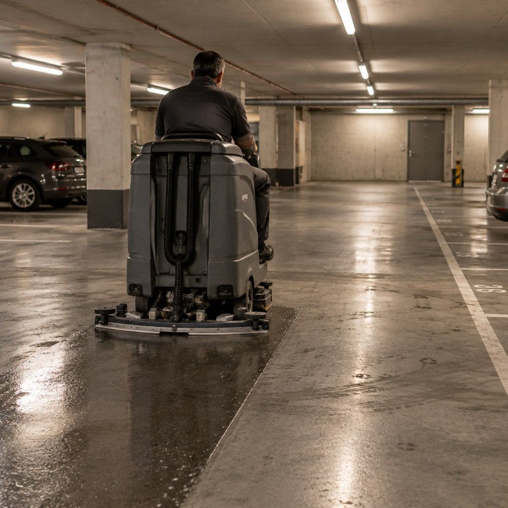 Maschinelle Reinigung einer Tiefgarage mit sichtbarer Reinigungsspur