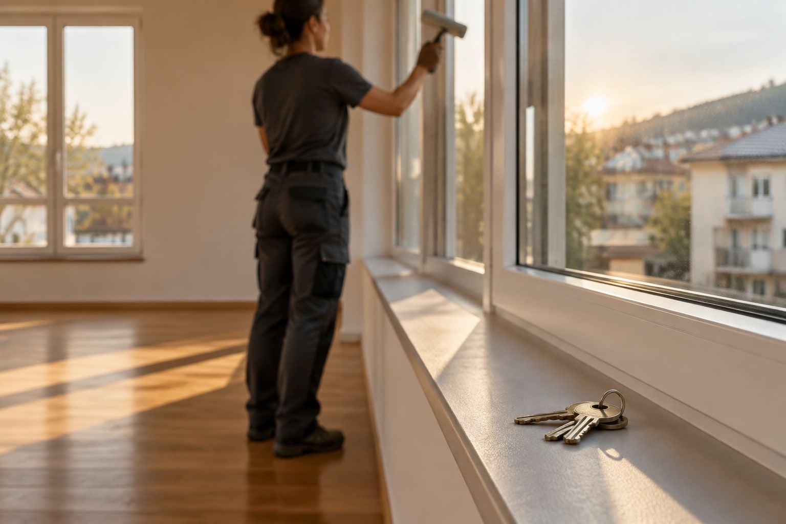 Reinigung eines Fensterrahmens in einer leeren Wohnung vor der Abgabe