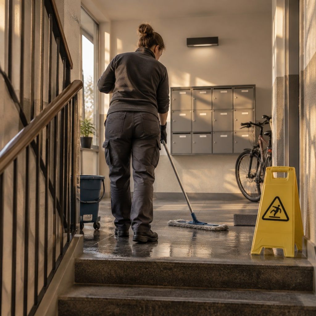 Treppenhausreinigung in einem Mehrfamilienhaus am frühen Morgen