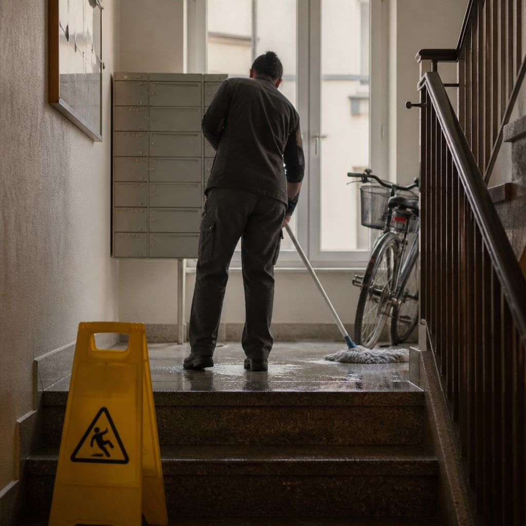 Treppenhausreinigung in einem Mehrfamilienhaus am frühen Morgen