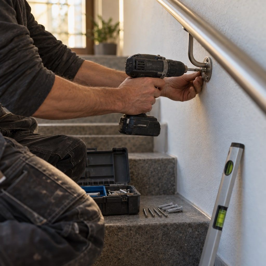Reparatur einer Handlaufhalterung im Treppenhaus