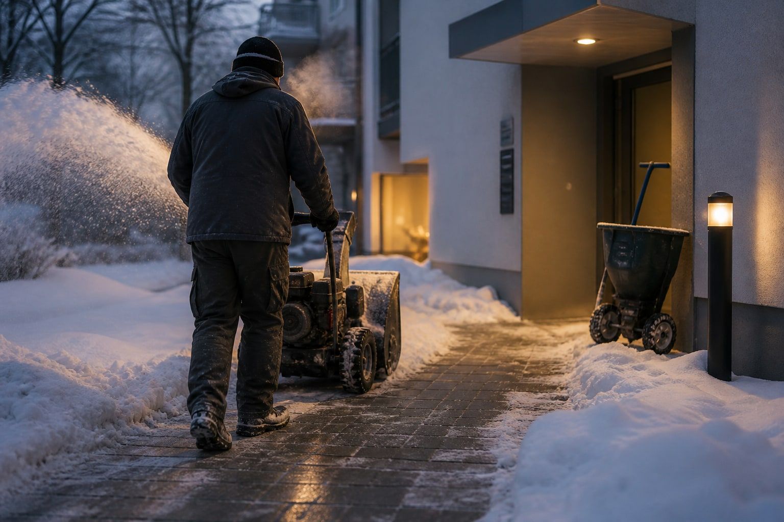 Schneeräumung vor einem Mehrfamilienhaus in der frühen Morgendämmerung