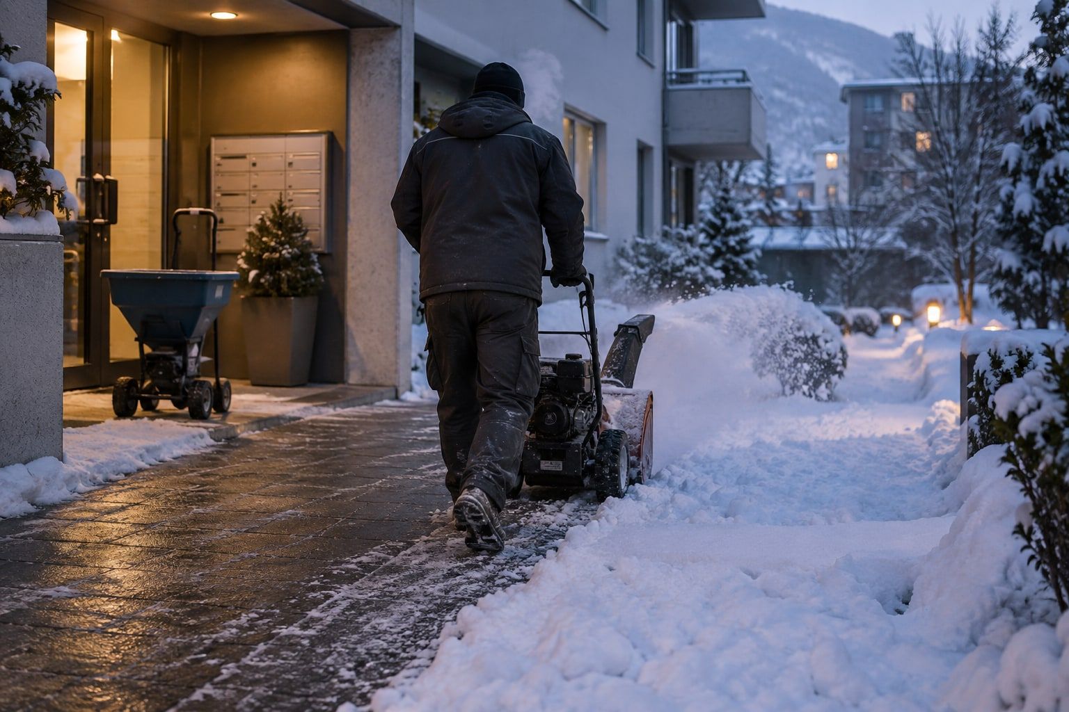 Schneeräumung vor einem Mehrfamilienhaus in der frühen Morgendämmerung